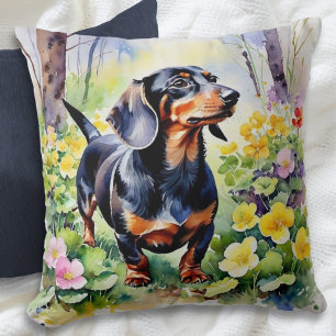 Dachshund-Sausage-Dog-Waldblumen-Aquarell Kissen