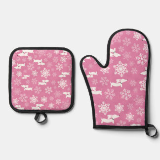 Dachshund & Schneeflocke Weihnachten Pink Ofenhandschuh & Topflappen-Set