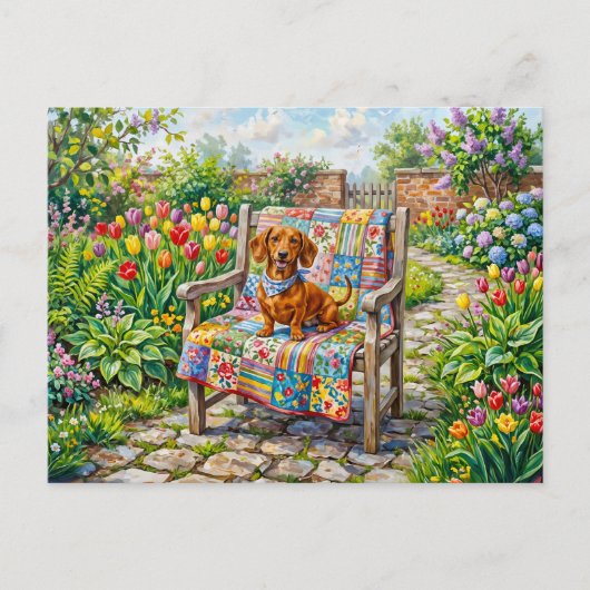 Dachshund sitzt auf patchwork-Gartenstuhl zwischen Postkarte (Vorderseite)