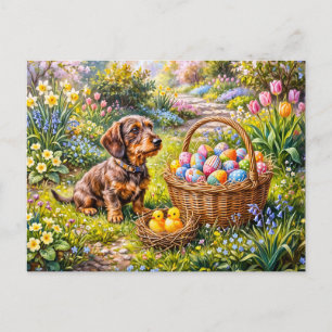 Dachshund sitzt mit Osterkorb im Garten Postkarte