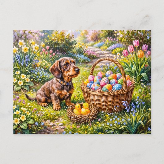 Dachshund sitzt mit Osterkorb im Garten Postkarte (Vorderseite)