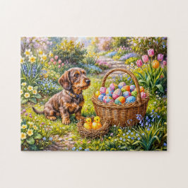 Dachshund sitzt mit Osterkorb im Garten Puzzle