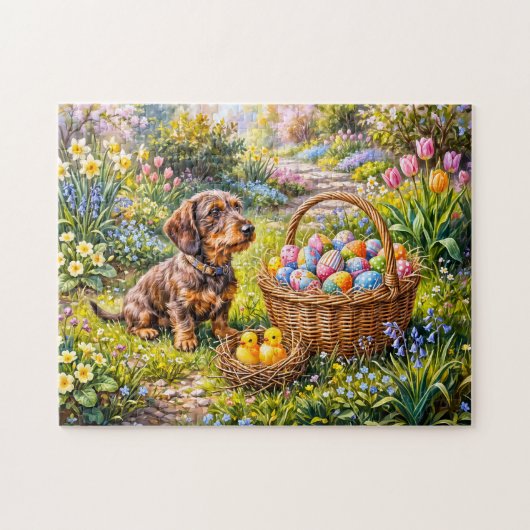Dachshund sitzt mit Osterkorb im Garten Puzzle (Horizontal)