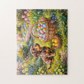 Dachshund sitzt mit Osterkorb im Garten Puzzle (Vertikal)