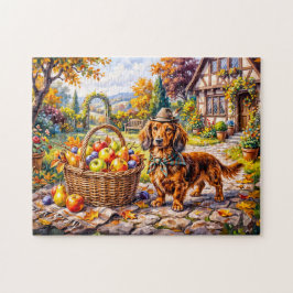 Dachshund sitzt neben Äpfeln Kürbissen Herbst Ga Puzzle