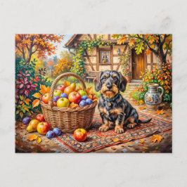 Dachshund sitzt neben Obstkorb Herbstbauernhof Postkarte
