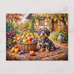 Dachshund sitzt neben Obstkorb Herbstbauernhof Postkarte