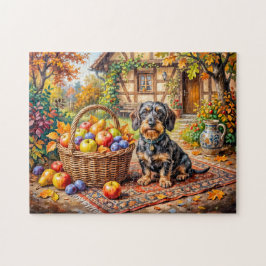Dachshund sitzt neben Obstkorb Herbstbauernhof Puzzle