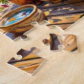 Dachshund sitzt unter farbenfrohem Patchwork-Garte Puzzle (Seite)