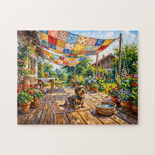 Dachshund sitzt unter farbenfrohem Patchwork-Garte Puzzle (Horizontal)
