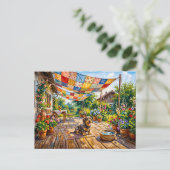 Dachshund sitzt unter farbenfroher Patchwork-Garte Postkarte (Stehend Vorderseite)