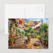 Dachshund sitzt unter farbenfroher Patchwork-Garte Postkarte (Vorne/Hinten)