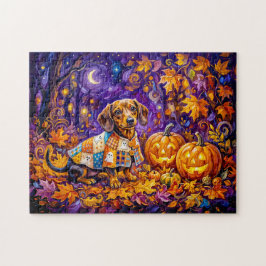 Dachshund sitzt zwischen Kürbissen unter herbstlic Puzzle
