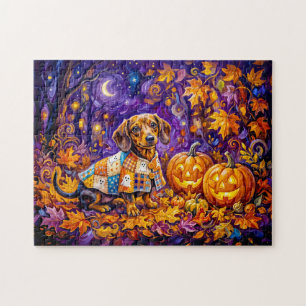 Dachshund sitzt zwischen Kürbissen unter herbstlic Puzzle