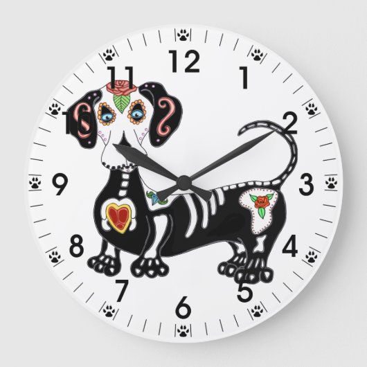 Dachshund Sugar Skull Große Wanduhr (Vorderseite)