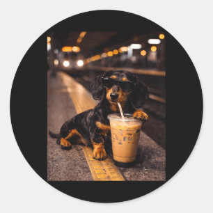 Dachshund trinkt eisgekühlten Kaffee Lustiges Tier Runder Aufkleber