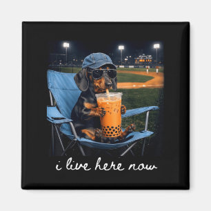 Dachshund trinkt Eiskaffee Baseballfeld Live Magnet