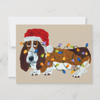 Dachshund verwirrt in den Weihnachtslichtern Feiertagskarte