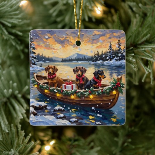 Dachshund-Weihnachtsboot-Feiertag Keramikornament (Baum)