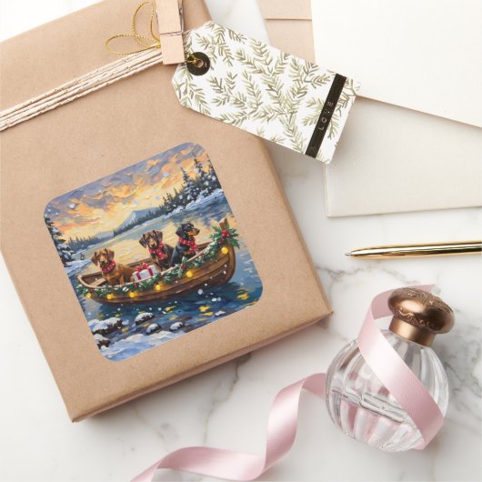 Dachshund Weihnachtsboot Urlaub Quadratischer Aufkleber (Schenken)