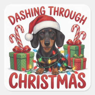 Dachshund Weihnachtsfeier Lichter Festliche Stimmu Quadratischer Aufkleber