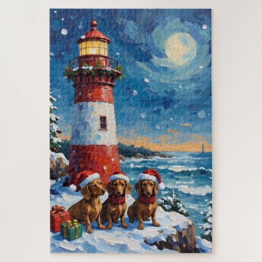 Dachshund-Weihnachtsleuchtturm-Feiertag Puzzle (Vertikal)