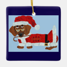 Dachshund Weihnachtsmann mit einem Zuckerrohr Keramikornament
