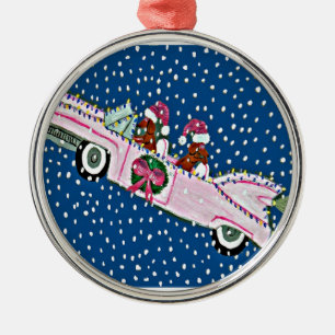 Dachshund Weihnachtsmänner in rosa Cadillac Silbernes Ornament