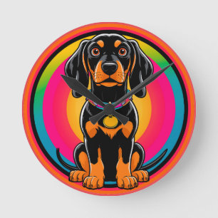 Dachshund-Welpe umgeben von lebendigem Regenbogen Runde Wanduhr