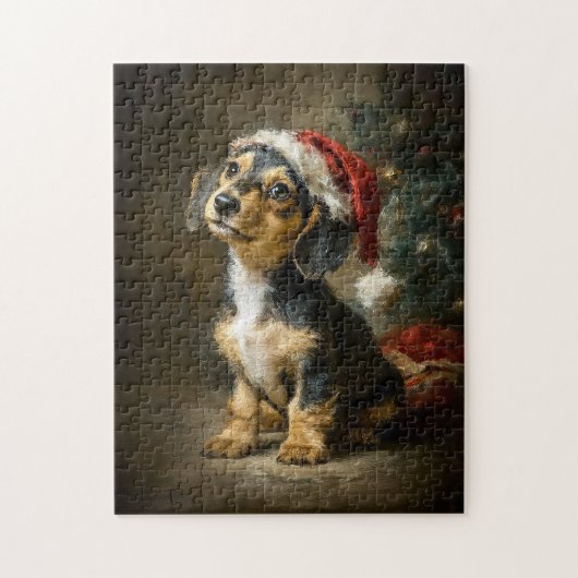 Dachshund-Welpen-Weihnachtsbild Puzzle (Vertikal)