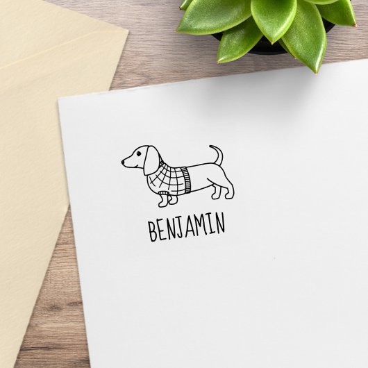 Dachshund Wiener Dog Plaid Sweater Custom Name 1x1 Gummistempel