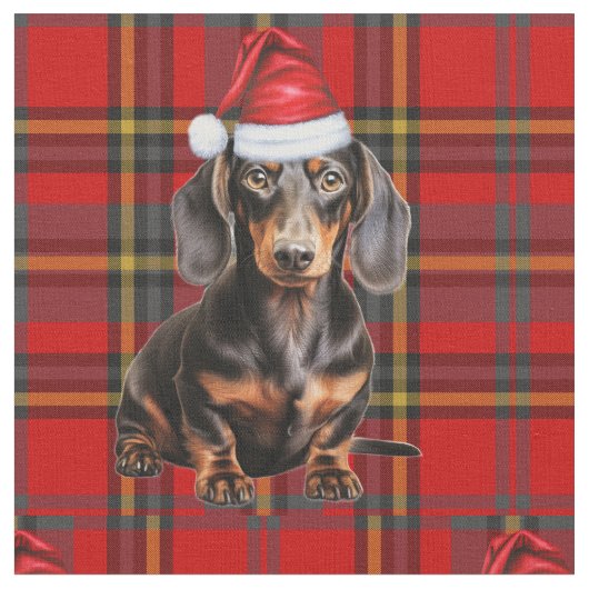Dachshund with a Red Green Plaid Holiday Fabric Stoff (Nahaufnahme)