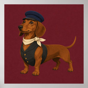 Dachshund-Zugbegleiter mit Schal und Uniform Poster