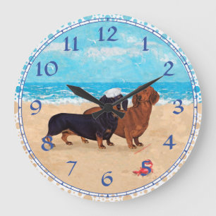 Dachshunde am Strand Große Wanduhr