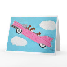 Dachshunde in Cabrio in Rosa am Himmel