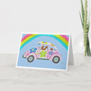 Dachshunde in einem Hippie-Auto unter einem Regenb Karte