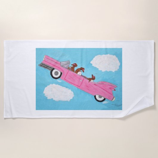 Dachshunde in einem rosa Cabrio-Auto Strandtuch (Vorderseite)