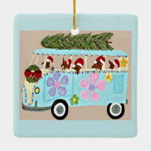 Dachshunde in ihrem Weihnachts-Hippie-Van Keramikornament