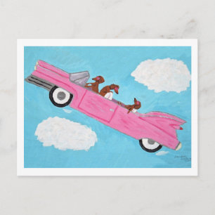 Dachshunde in rosa Cabrio am Himmel Einladungspostkarte