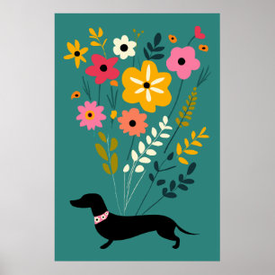 Dachshunde und Blumen Vintage Retro Floral Poster