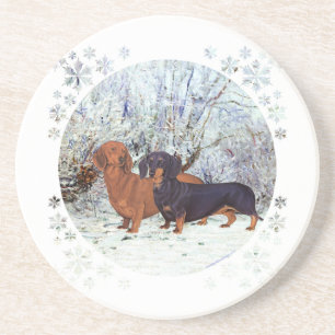 Dachshunds in the Snow Sandstein Untersetzer