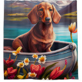 Dackel auf dem Paddle: Ein Landschaftliches Abente Duschvorhang (Vorderseite)