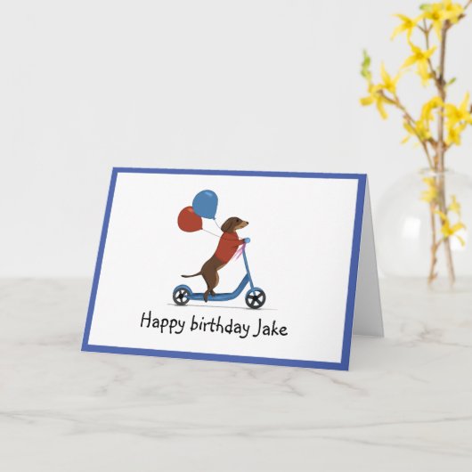 Dackel auf Roller mit Ballons Karte (Gelbe Blume)