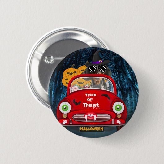 Dackel Autofahren Auto Beängstigend Halloween Button (Vorne & Hinten)