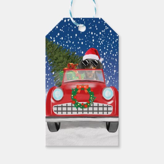 Dackel Autofahren Auto im Schnee Weihnachten Geschenkanhänger (Vorderseite)
