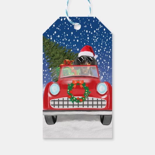 Dackel Autofahren Auto im Schnee Weihnachten Geschenkanhänger (Rückseite)