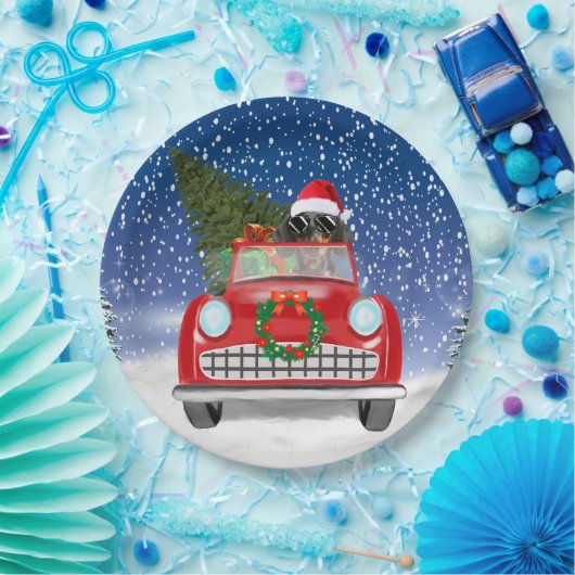 Dackel Autofahren Auto im Schnee Weihnachten Pappteller (Party)