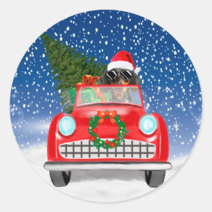 Dackel Autofahren Auto im Schnee Weihnachten Runder Aufkleber