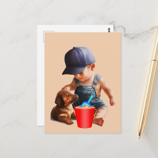 Dackel Beach Day Postcard Art Postkarte (Vorderseite/Rückseite Beispiel)