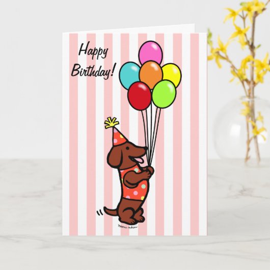 Dackel Birthday Cartoon Balloons Karte (Gelbe Blume)